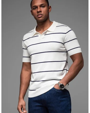 Tricou polo cu dungi, Alb optic/Bleumarin