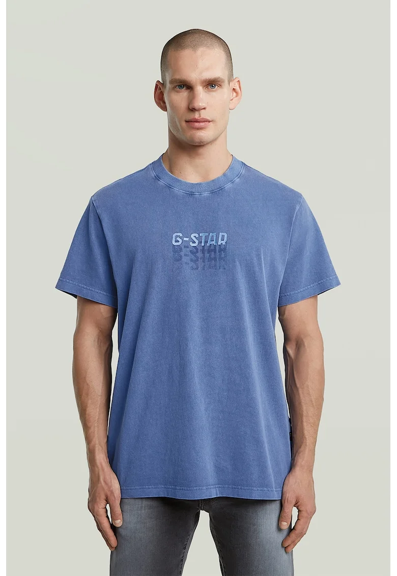 Tricou din bumbac organic cu decolteu la baza gatului, Albastru azur