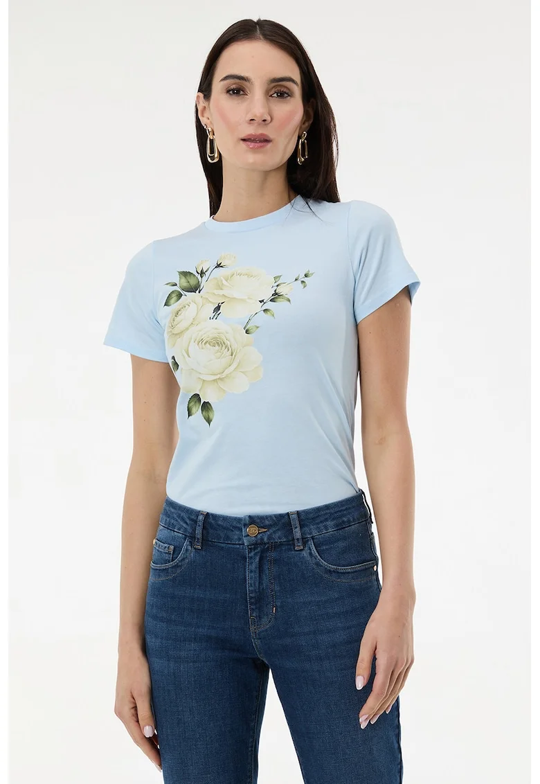 Tricou cu decolteu la baza gatului si imprimeu grafic, Albastru pastel