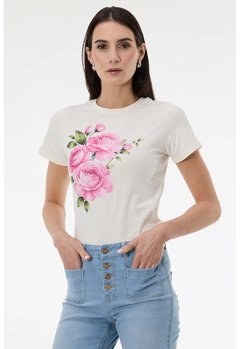Tricou cu decolteu la baza gatului si imprimeu grafic, Alb/Roz