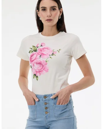 Tricou cu decolteu la baza gatului si imprimeu grafic, Alb/Roz