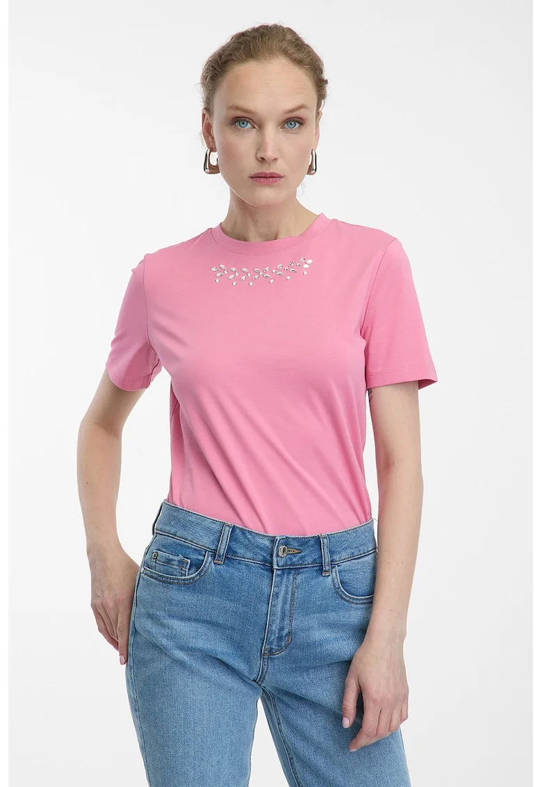 Tricou din amestec de bumbac cu decoratiuni in zona decolteului, Roz