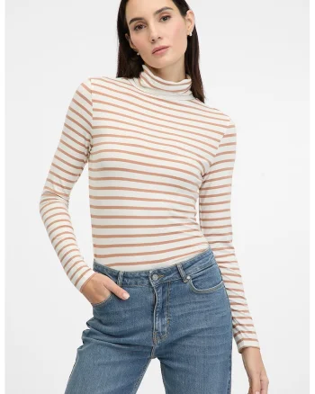 Bluza cu model in dungi si guler inalt, Rosu/Alb murdar