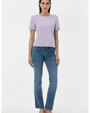 Tricou cu model uni si insertii din dantela, Lila