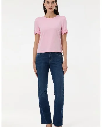 Tricou cu model uni si insertii din dantela, Roz
