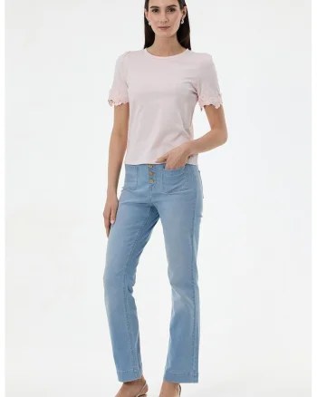Tricou cu model uni si insertii din dantela, Roz deschis