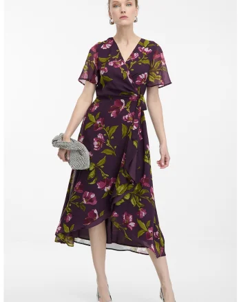 Rochie cu model floral si croiala petrecuta, Verde/Violet/Roz