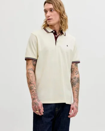 Tricou polo barbati, Slim fit cu guler contrast, Crem,