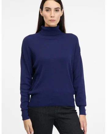 Pulover cu model uni si mansete cu nasturi decorativi, Albastru inchis
