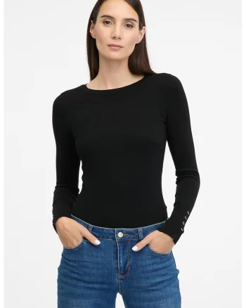 Pulover slim fit cu mansete cu nasturi, Negru