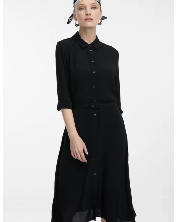 Rochie-camasa midi cu o curea asortata, Negru