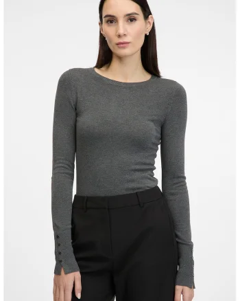Pulover slim fit cu mansete cu nasturi, Gri inchis