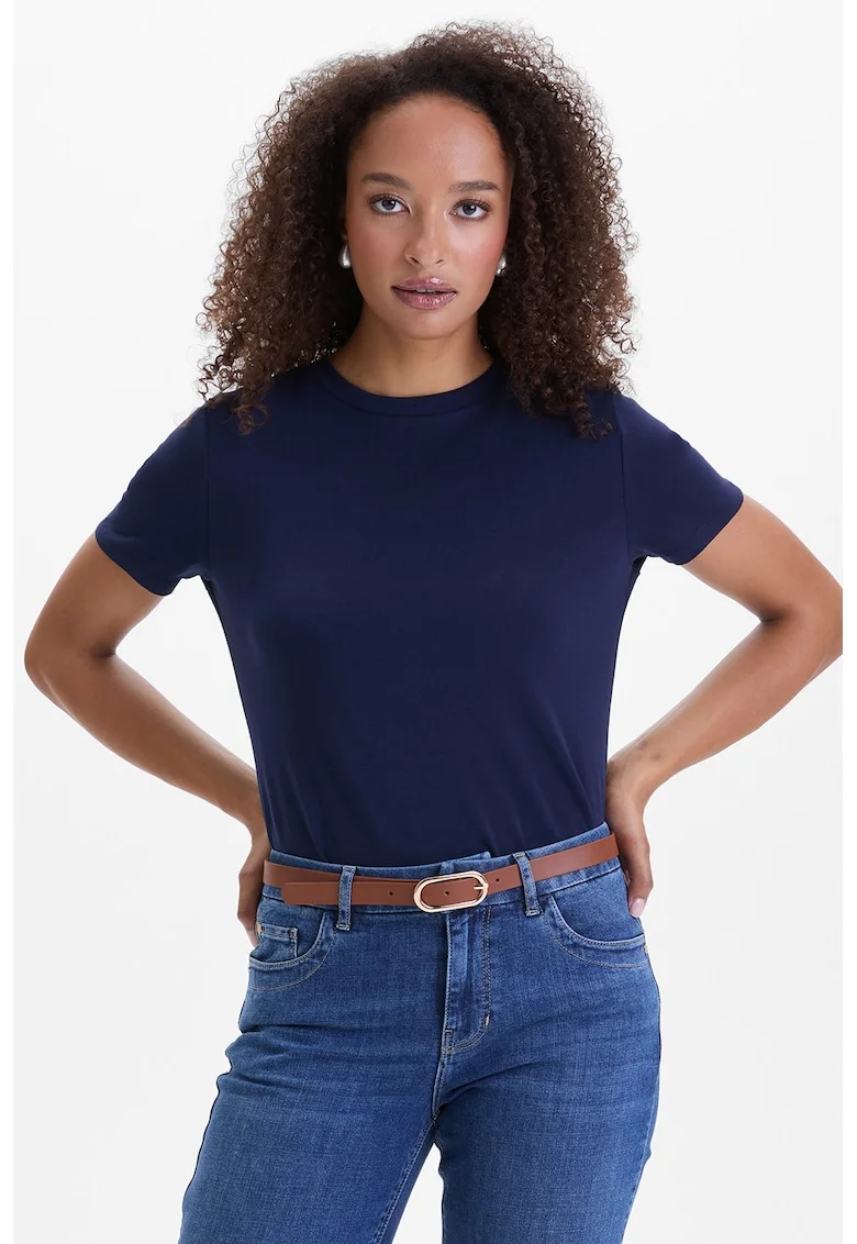 Tricou din amestec de bumbac cu decolteu la baza gatului, Bleumarin