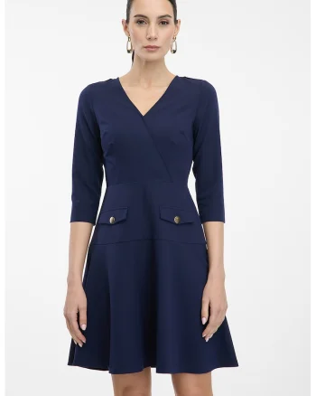 Rochie scurta evazata cu decolteu in V, Bleumarin