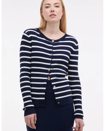 Cardigan cu model in dungi si nasturi, Alb/Bleumarin