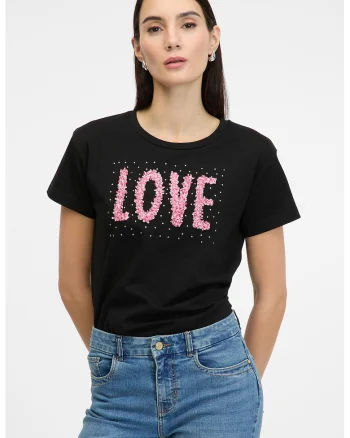 Tricou din bumbac cu imprimeu text si strasuri, Negru/Roz