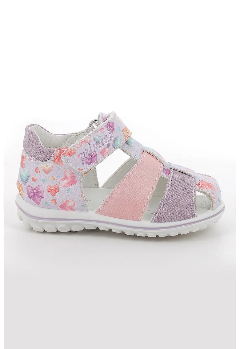 Sandale din piele ecologica cu model si inchidere velcro, Violet/Roz