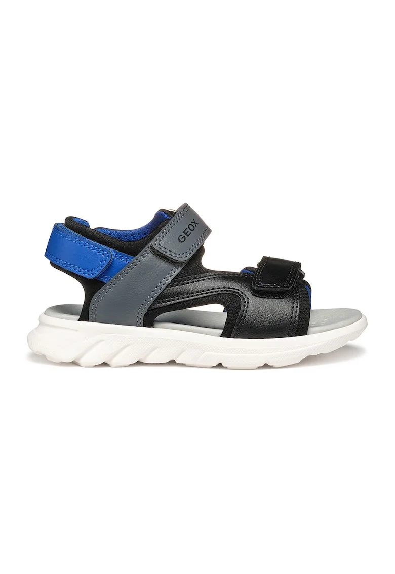 Sandale cu velcro de piele ecologica, Negru/Gri/Albastru royal
