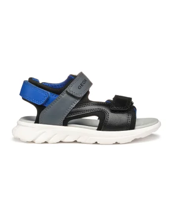 Sandale cu velcro de piele ecologica, Negru/Gri/Albastru royal
