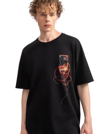 Tricou unisex cu imprimeu abstract, Negru/Coral