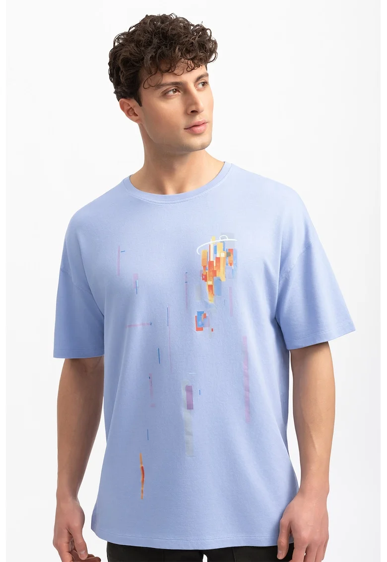 Tricou unisex cu imprimeu, Albastru pastel/Portocaliu
