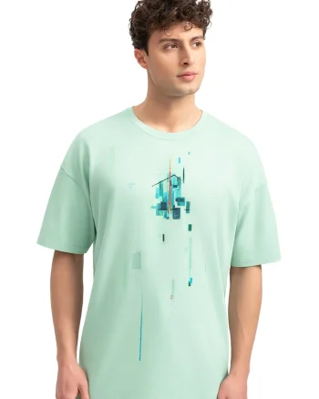Tricou unisex cu imprimeu geometric, Portocaliu/Verde pal