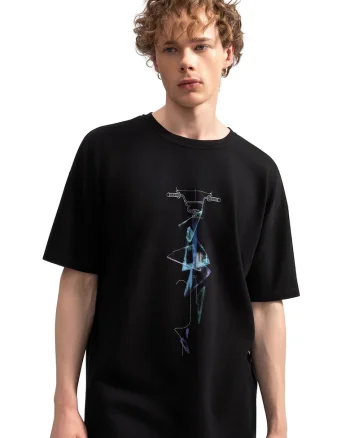 Tricou unisex cu imprimeu, Albastru pastel/Negru