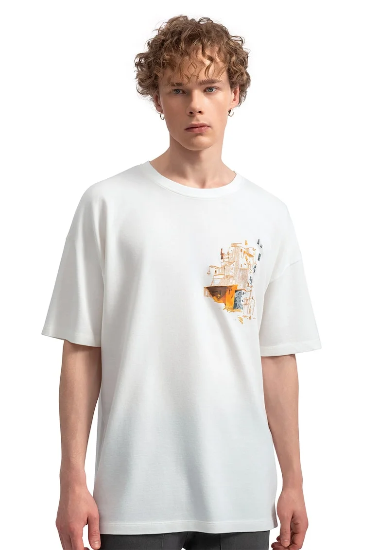 Tricou unisex cu broderie, Gri deschis/Portocaliu/Alb murdar
