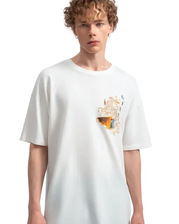 Tricou unisex cu broderie, Gri deschis/Portocaliu/Alb murdar