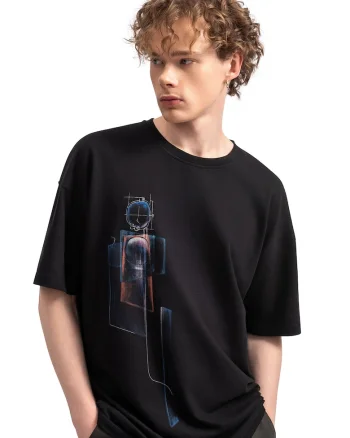 Tricou unisex de bumabc cu imprimeu, Negru/Albastru inchis