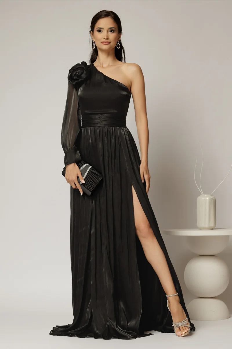 Rochie DY Fashion neagra pe un umar cu detaliu floral amplu din voal peliculizat