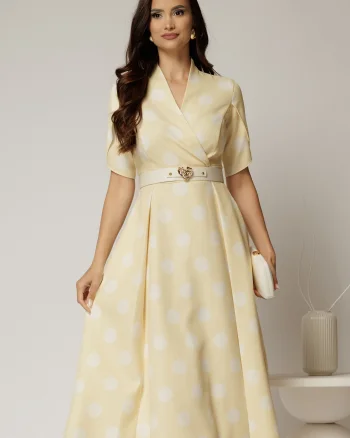 Rochie DY Fashion galbena cu buline cu decolteu si maneci petrecute