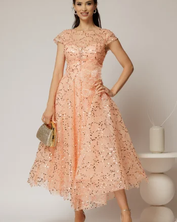 Rochie midi roz somon de ocazie din dantela cu paiete si perle