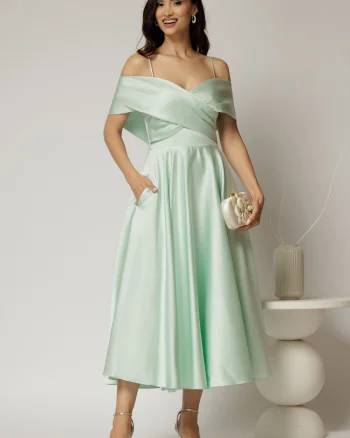 Rochie midi verde menta din tafta de ocazie cu umeri goi