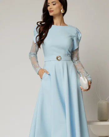 Rochie midi bleu cu maneci din dantela si cordon detasabil