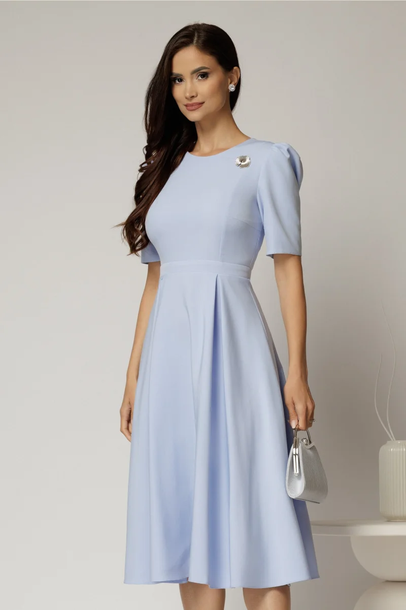 Rochie DY Fashion bleu midi cu pliuri pe fusta si design cu detaliu la bust