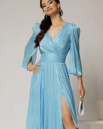 Rochie DY Fashion bleu de ocazie din voal peliculizat cu maneci crapate