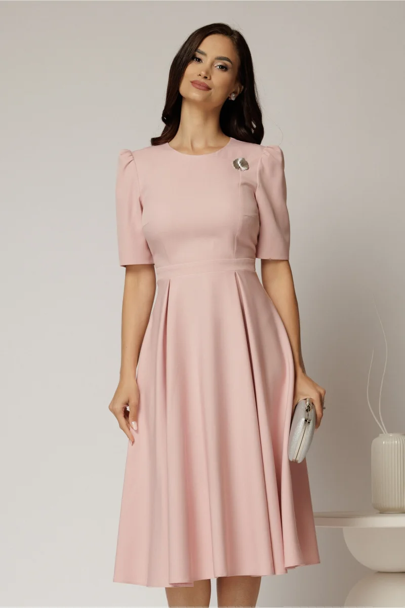Rochie DY Fashion roz midi cu pliuri pe fusta si design cu detaliu la bust