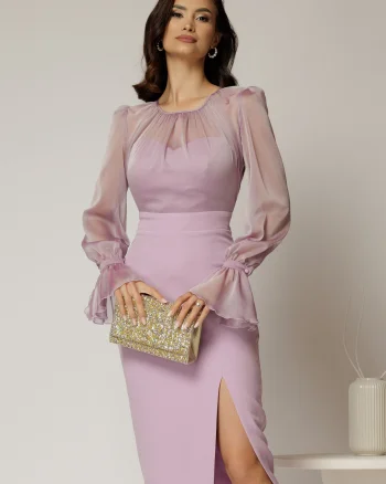 Rochie DY Fashion lila cu maneci lungi din voal cu croi mulat