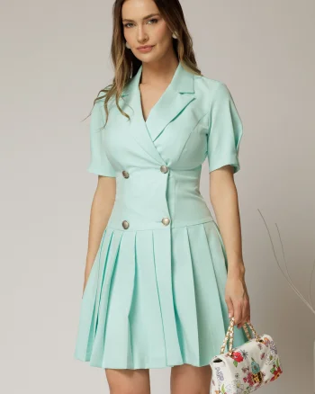 Rochie scurta turcoaz tip sacou cu pliuri pe fusta