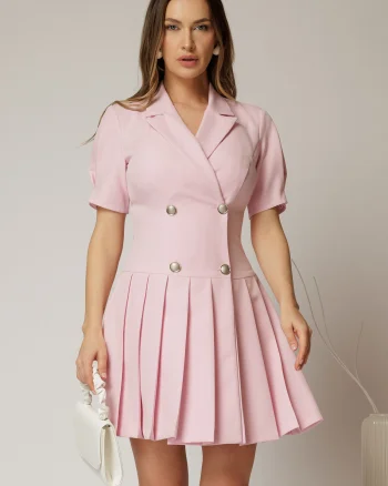 Rochie scurta roz tip sacou cu pliuri pe fusta