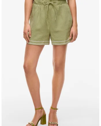 Pantaloni scurti de bumbac organic, cu talie inalta, Verde