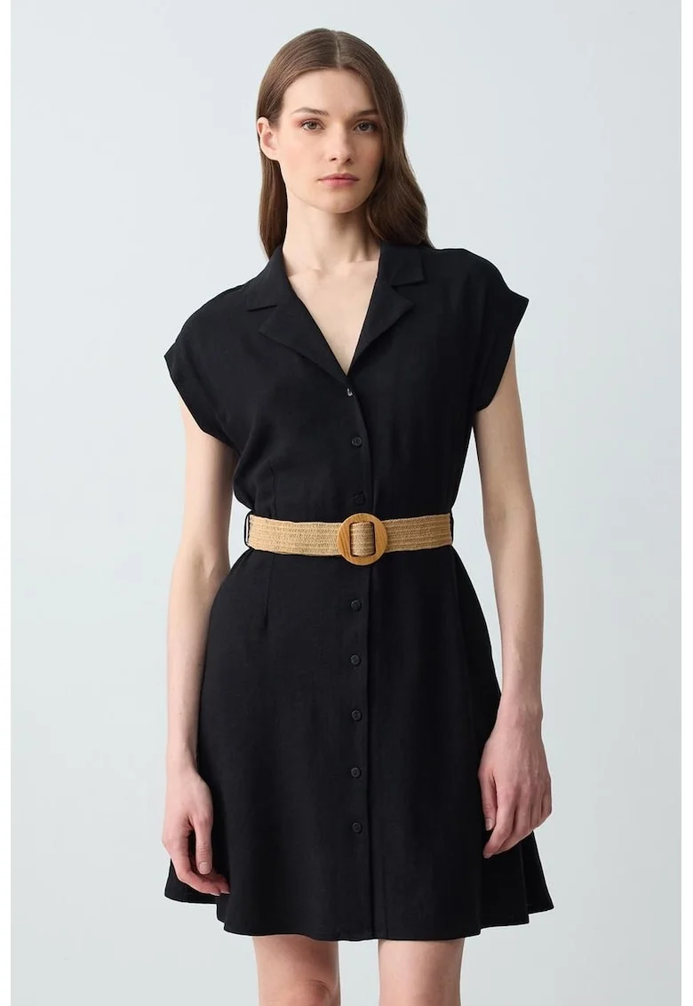 Rochie din amestec de in cu croiala in A si curea in talie, Negru/Negru stins