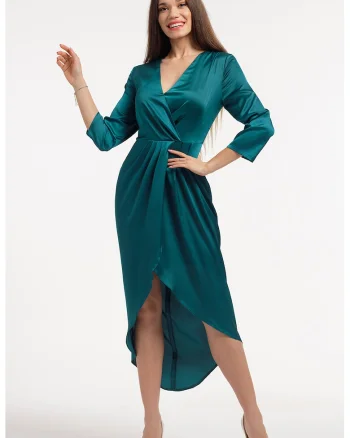 Rochie din satin cu decolteu in V, Verde persan