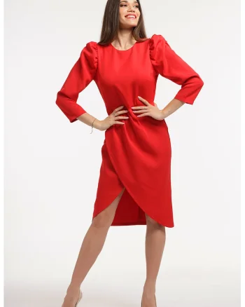 Rochie midi cu maneci bufante, Rosu vermillion