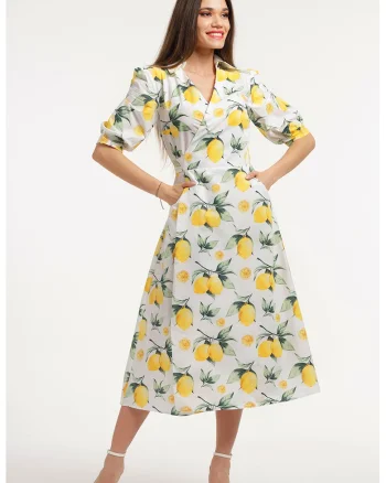 Rochie midi cu decolteu in V, Verde/Galben/Alb murdar