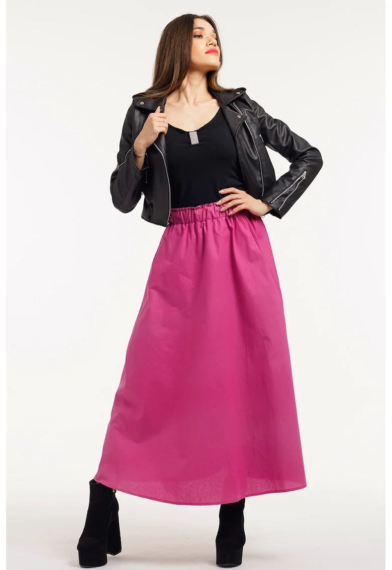 Fusta cu imprimeu si buzunare laterale, Fucsia