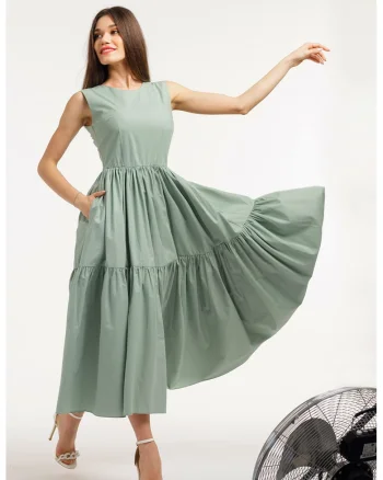 Rochie evazata fara maneci cu buzunare laterale, Verde sparanghel