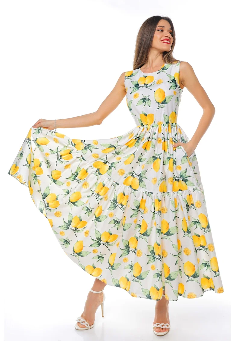 Rochie evazata fara maneci cu buzunare laterale, Alb/Verde/Galben
