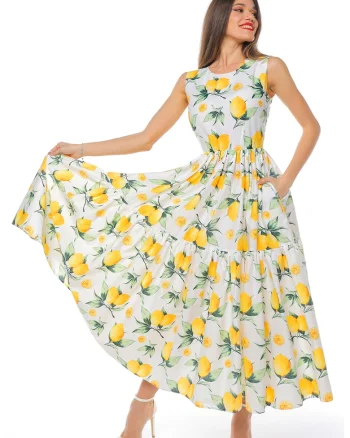 Rochie evazata fara maneci cu buzunare laterale, Alb/Verde/Galben